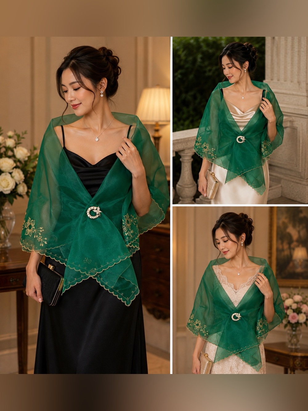 Filipiniana Emerald Green Embroidered Organza Shawl with Decorative Brooch